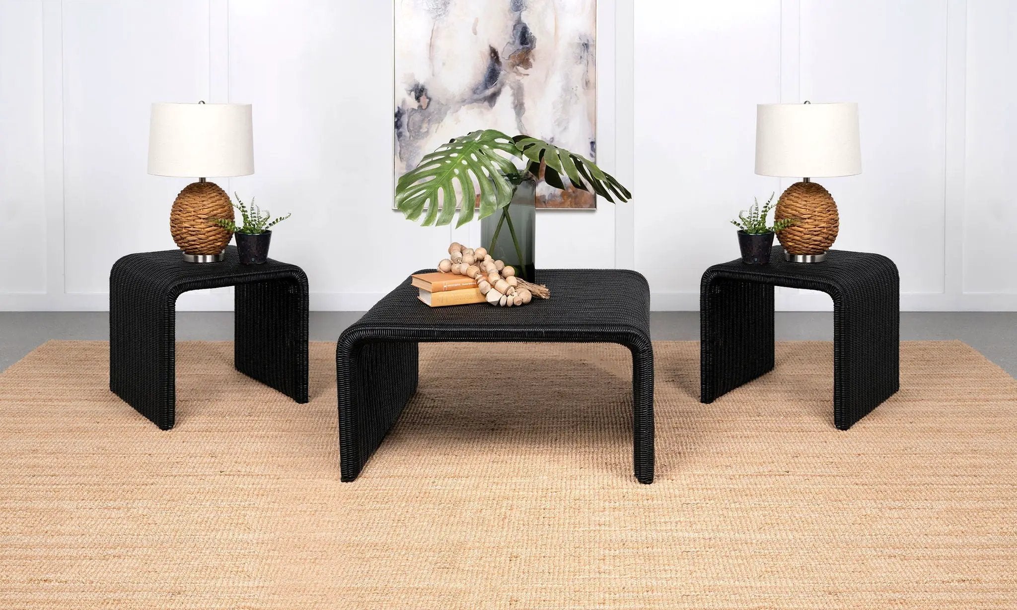 Cahya 3-piece Rattan Coffee and End Table Set Black by Unique Piece Furniture