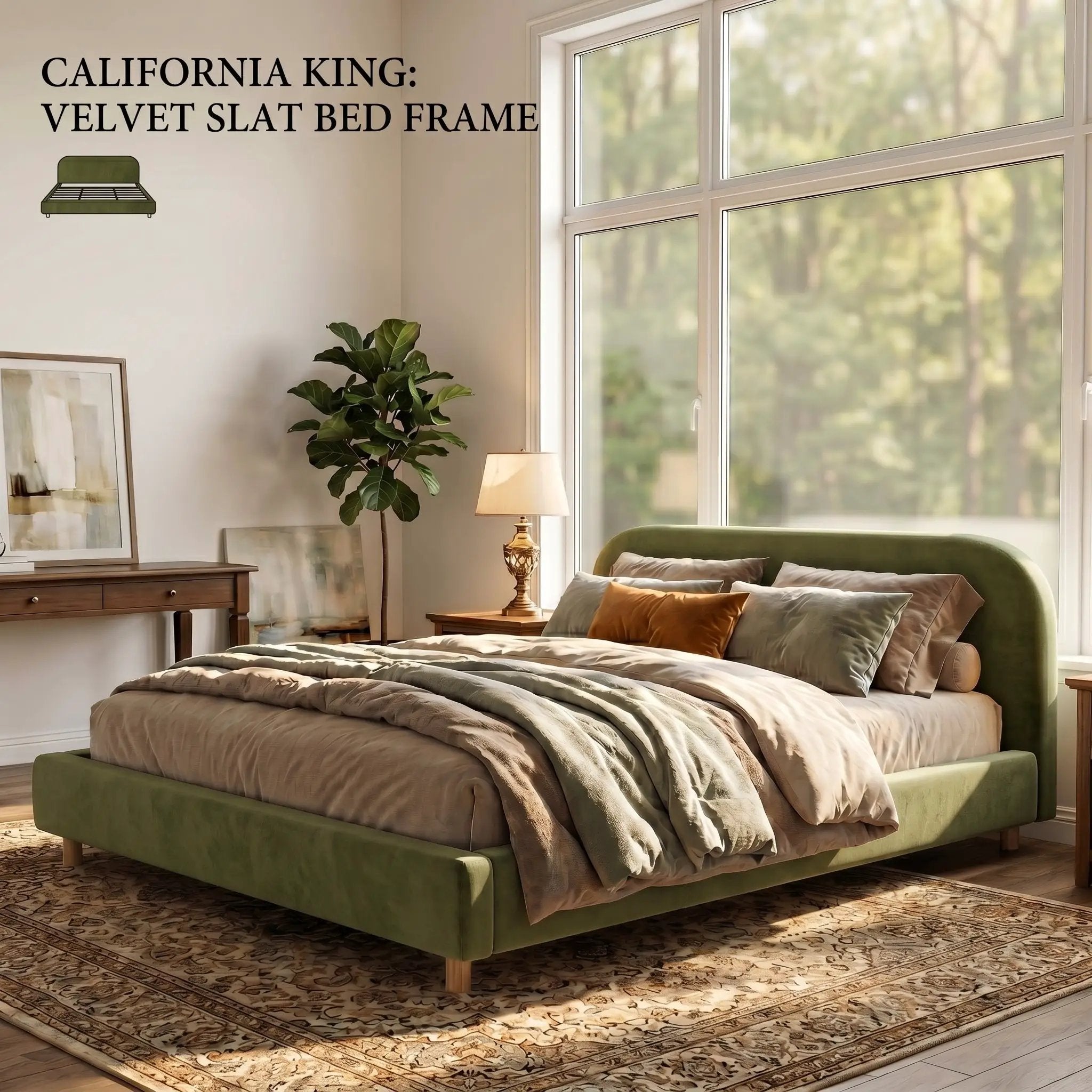 California King Size Upholstered Bed Frame With Velvet Fabric And Curve Design Thick Headboard, Solid Wood Legs, Olive by HouseOfZazla