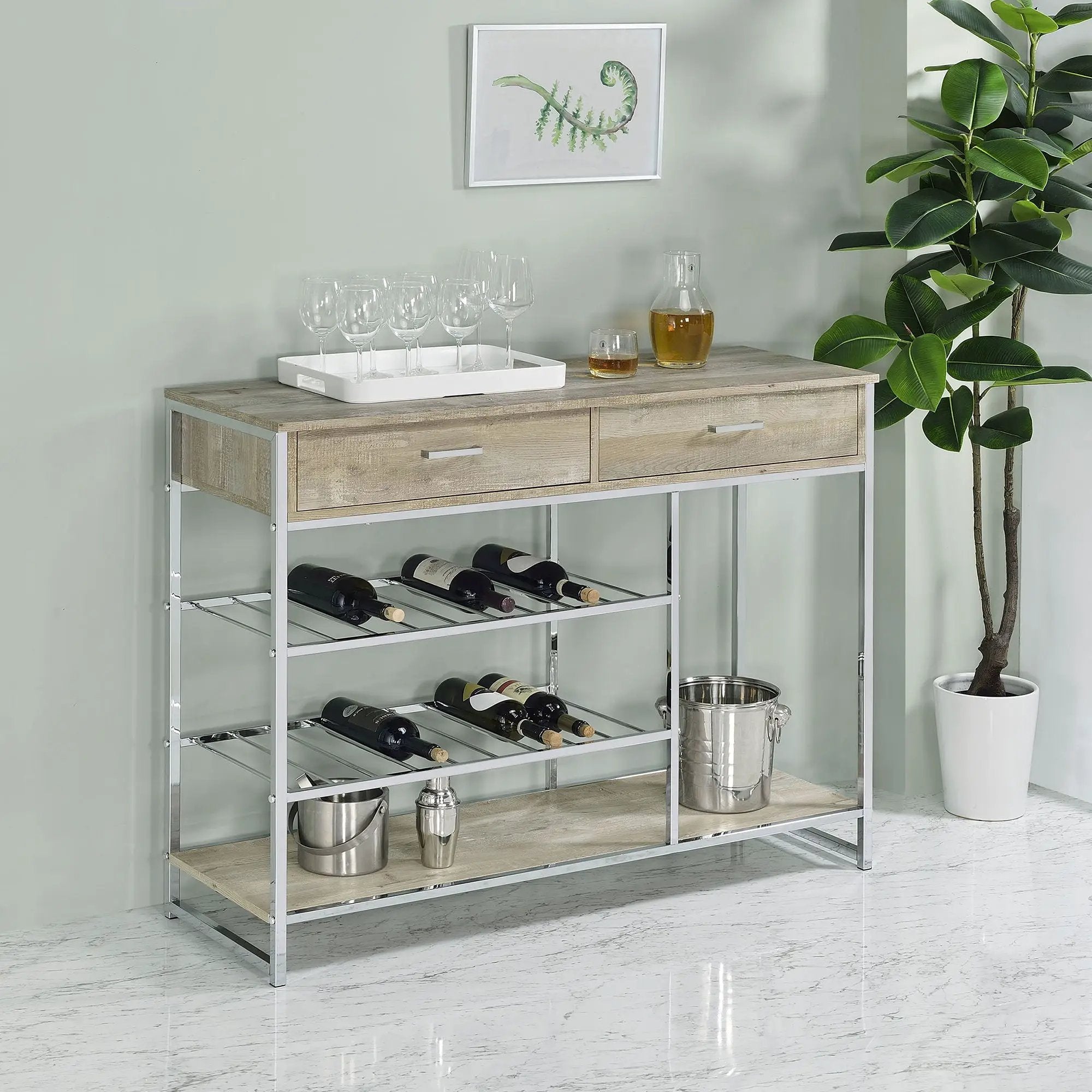 Ethel - 2 Drawer Home Bar Storage With Wine Rack - Oak by HouseOfZazla