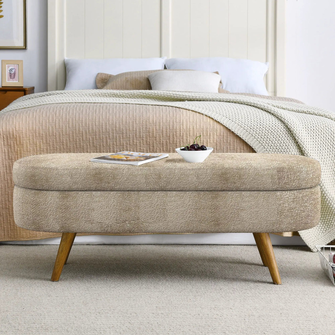 Modern Ottoman Oval Storage Bench With Rubber Wood Legs by Unique Piece Furniture