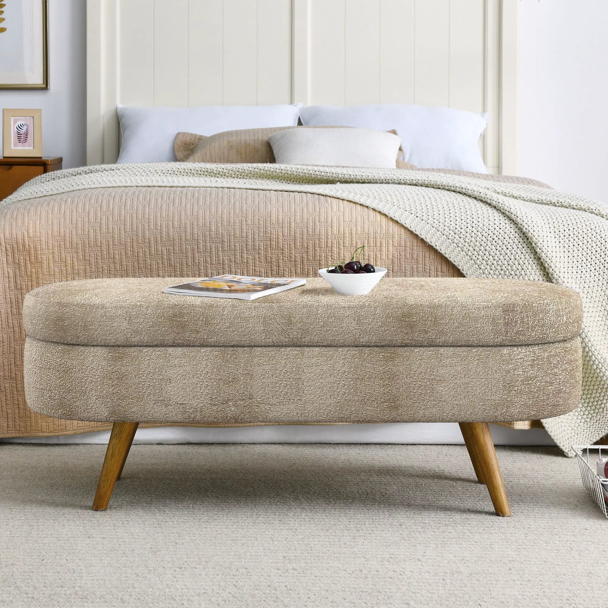 Modern Ottoman Oval Storage Bench With Rubber Wood Legs by Unique Piece Furniture