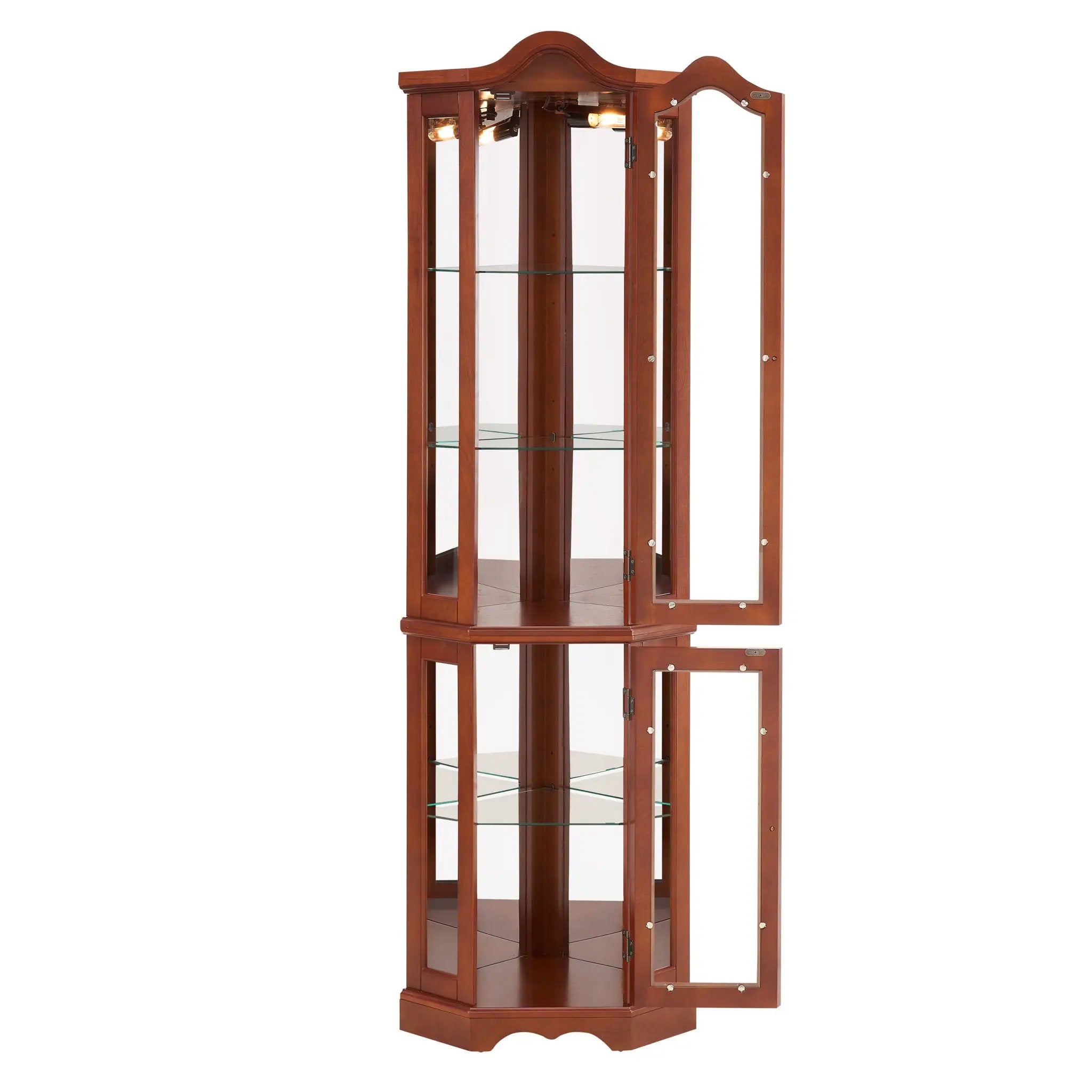Corner Curio Cabinet With Lights, Adjustable Tempered Glass Shelves, Mirrored Back, Display Cabinet (E26 Light Bulb Not Included) - Walnut by Unique Piece Furniture