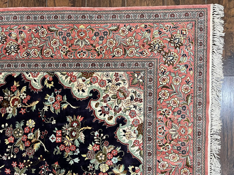 Stunning Silk Persian Qum Rug 7x9, Finely Hand Knotted Navy Blue & Salmon Floral Medallion Authentic Oriental Carpet, Vintage Handmade Silk Ghom Rug, Silk on Silk by Jewel Rugs