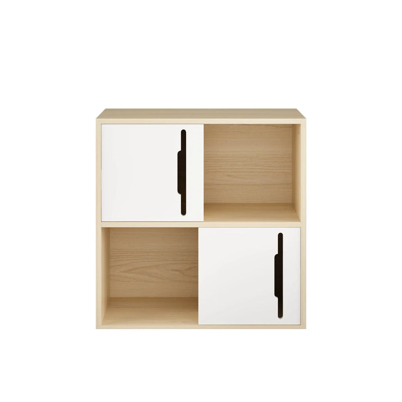 Storage Cabinet With Sliding Doors, 2 Tier Open And Closed Shelves Organizer - Natural / White by Unique Piece Furniture