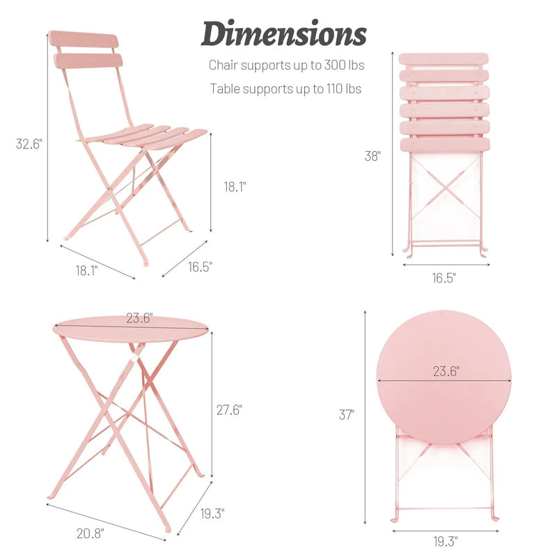 3 Pieces Patio Bistro Balcony Metal Chair Table Set - Pink by HouseOfZazla