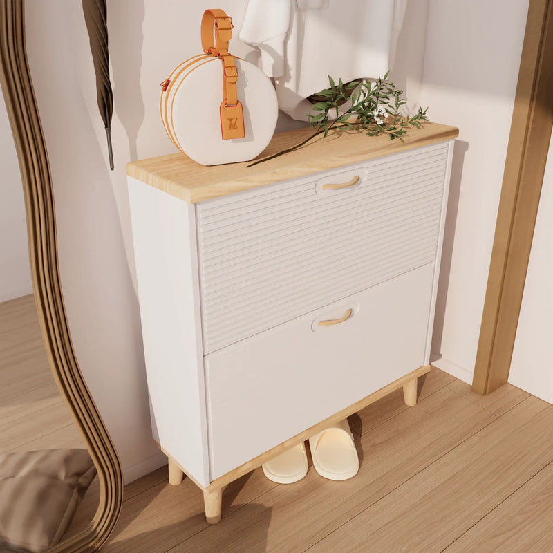 Narrow - Entryway Shoe Storage Cabinet With 2 Flip Drawers Legs - Natural / White by HouseOfZazla
