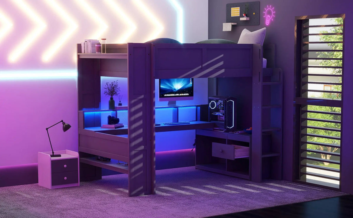 Wood Full Size Gaming Loft Bed with Desk, Multi-storage Shelves, LED and Charging Station, photo 8 of 10