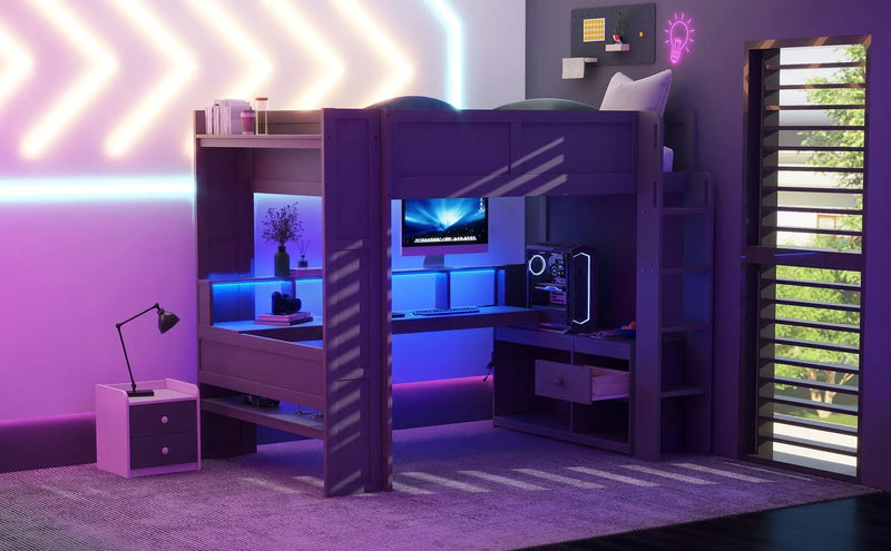 Wood Full Size Gaming Loft Bed with Desk, Multi-storage Shelves, LED and Charging Station, photo 8 of 10
