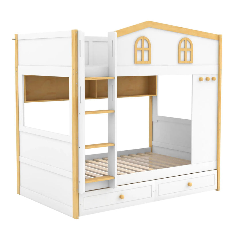 Twin Over Twin Bunk Bed With House Shaped Guardrails, Storage Shelves & Drawers - White / Natural by HouseOfZazla