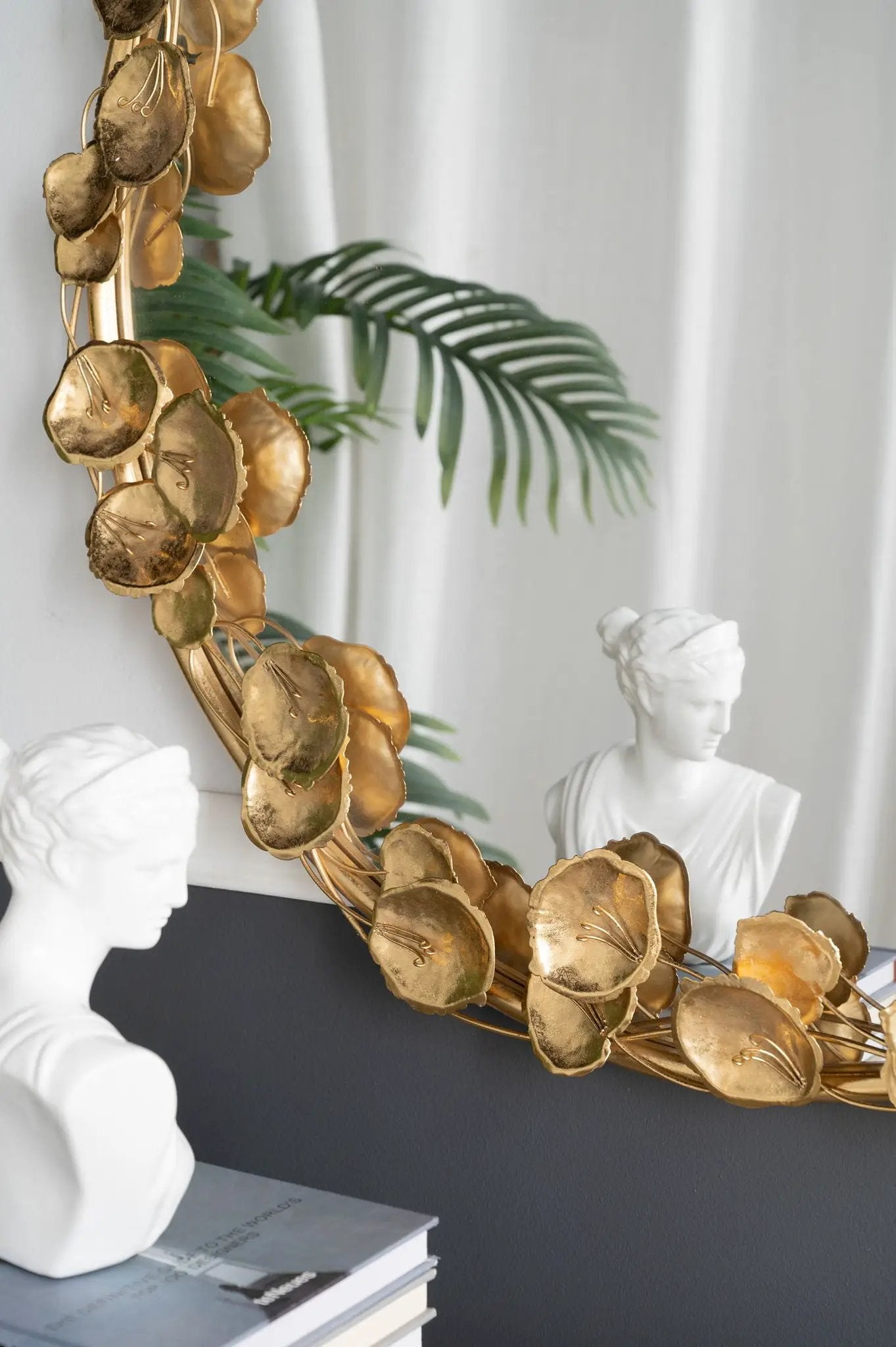 Round Metal Wall Mirror With en Leaf Accents, Modern Decor Mirror For Living Room Entryway Hallway - Gold by Unique Piece Furniture
