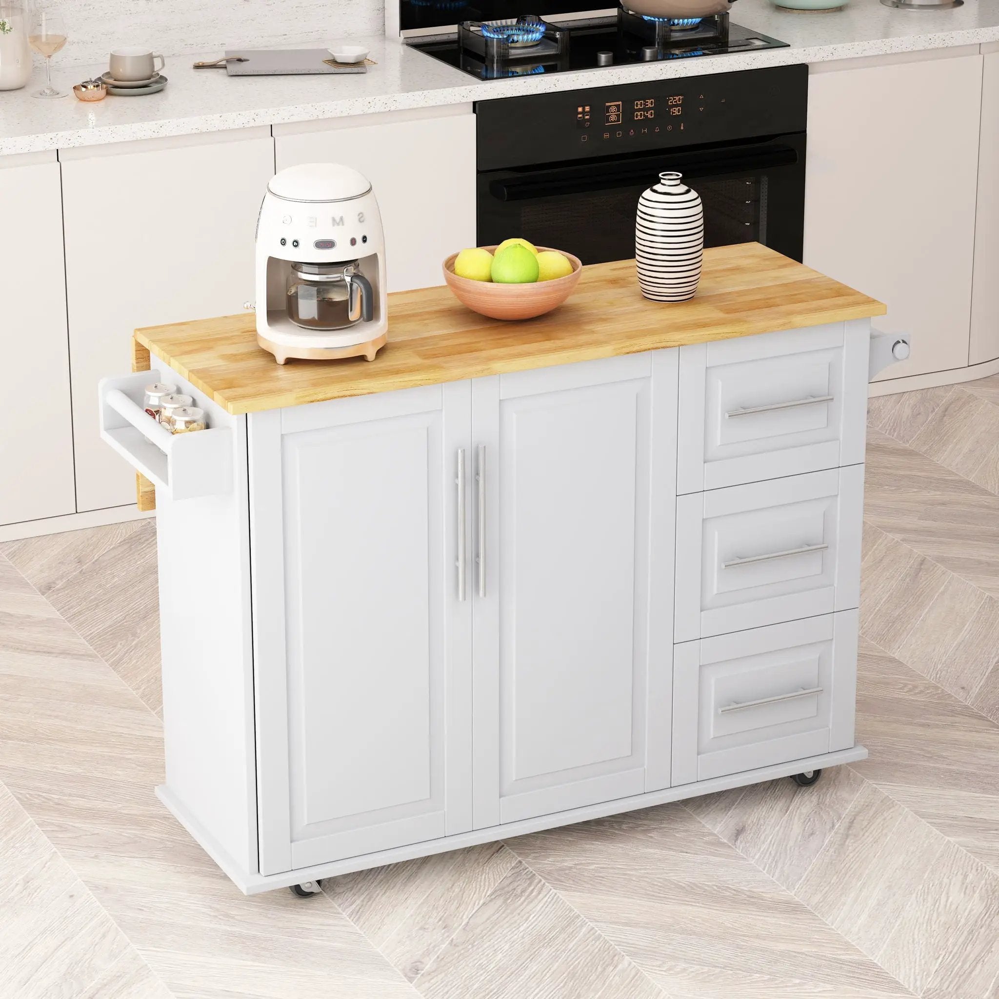 Kitchen Island Cart With 2 Door Cabinet, 3 Drawers, Spice Rack & Towel Rack - White by HouseOfZazla