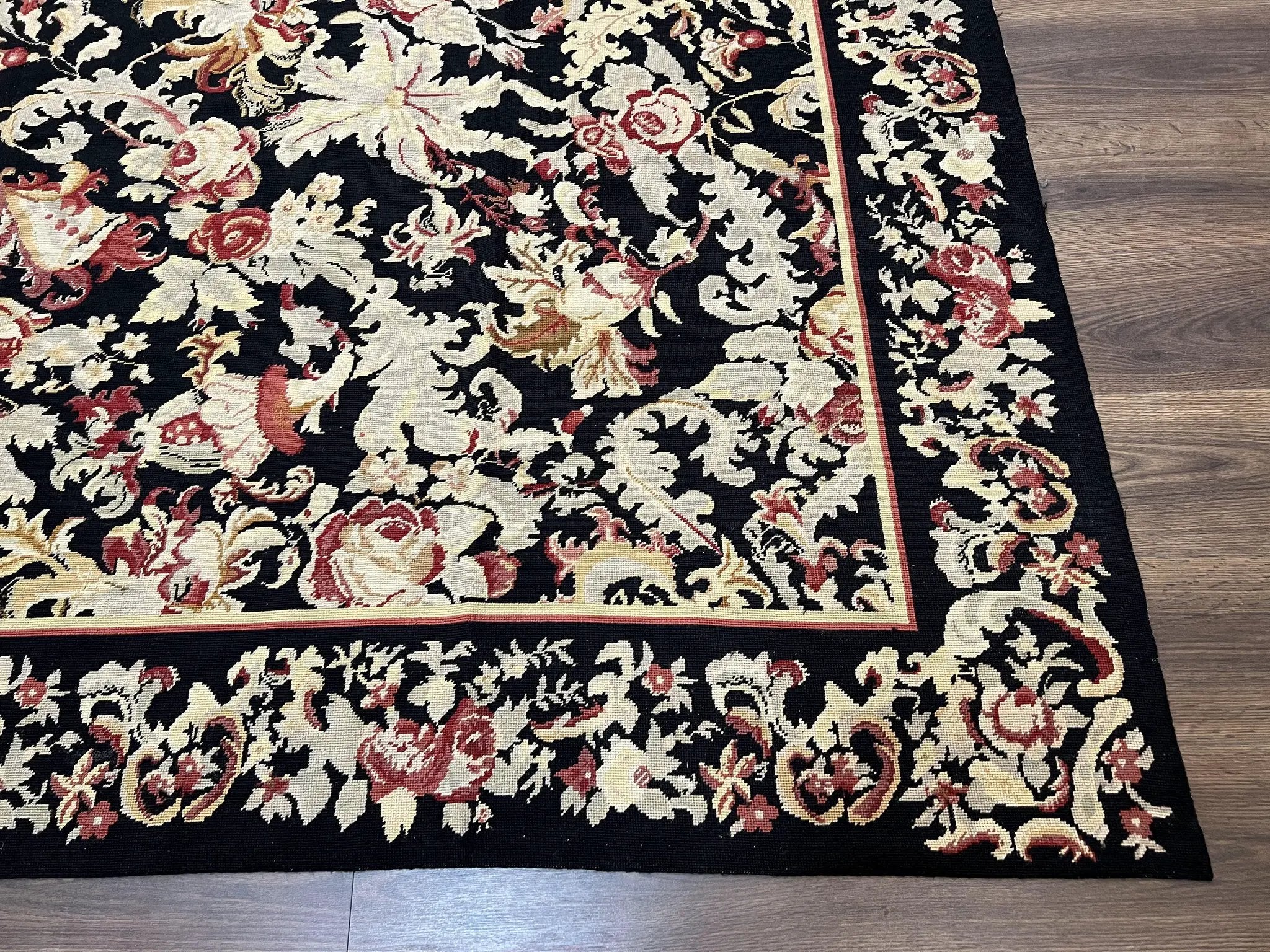 Wool Needlepoint Rug 9x12, William Morris Vintage Chinese Needlepoint Carpet 9 x 12, Handwoven, Allover Floral Area Rug, Black Light Green by Jewel Rugs