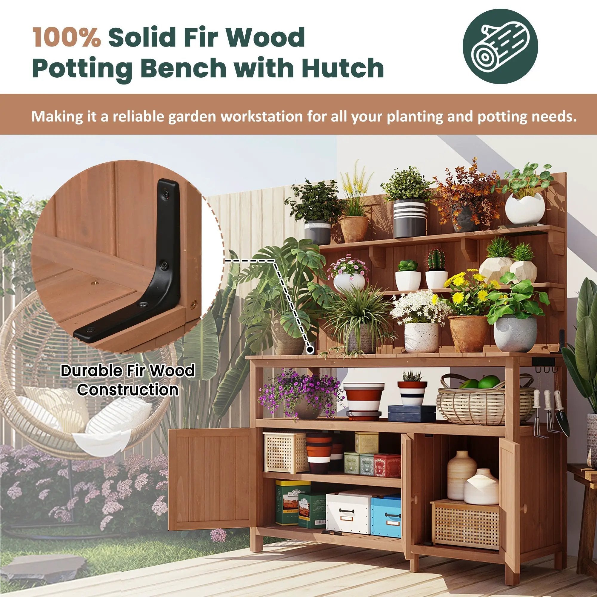 TOPMAX Potting Bench with Hutch, 50.2' Solid Fir Wood Garden Workstation by HouseOfZazla