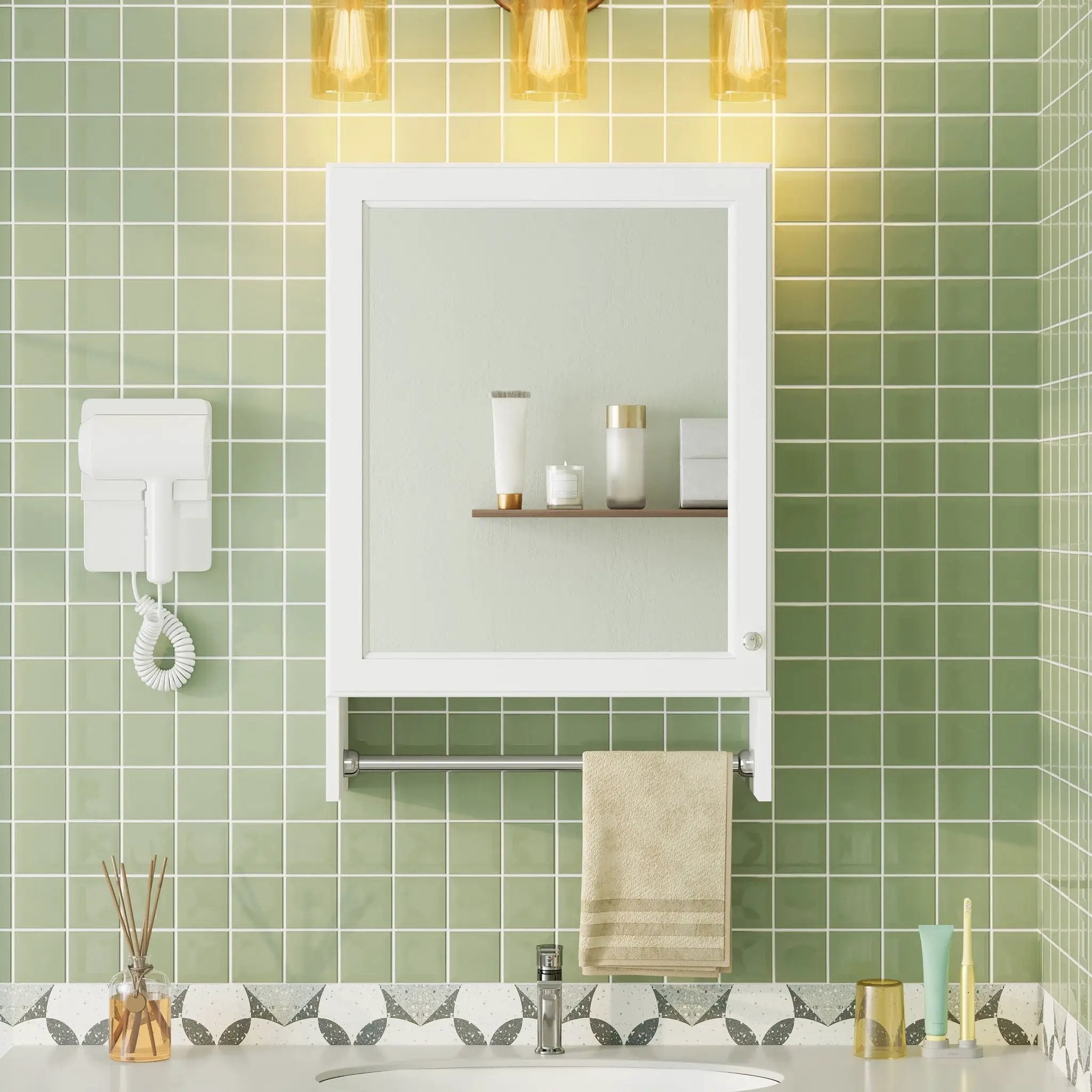 3 In 1 Wall Mounted Bathroom Mirror Cabinet With Adjustable Shelf, Soft Close Door, Mirror & Towel Bar - White by Unique Piece Furniture