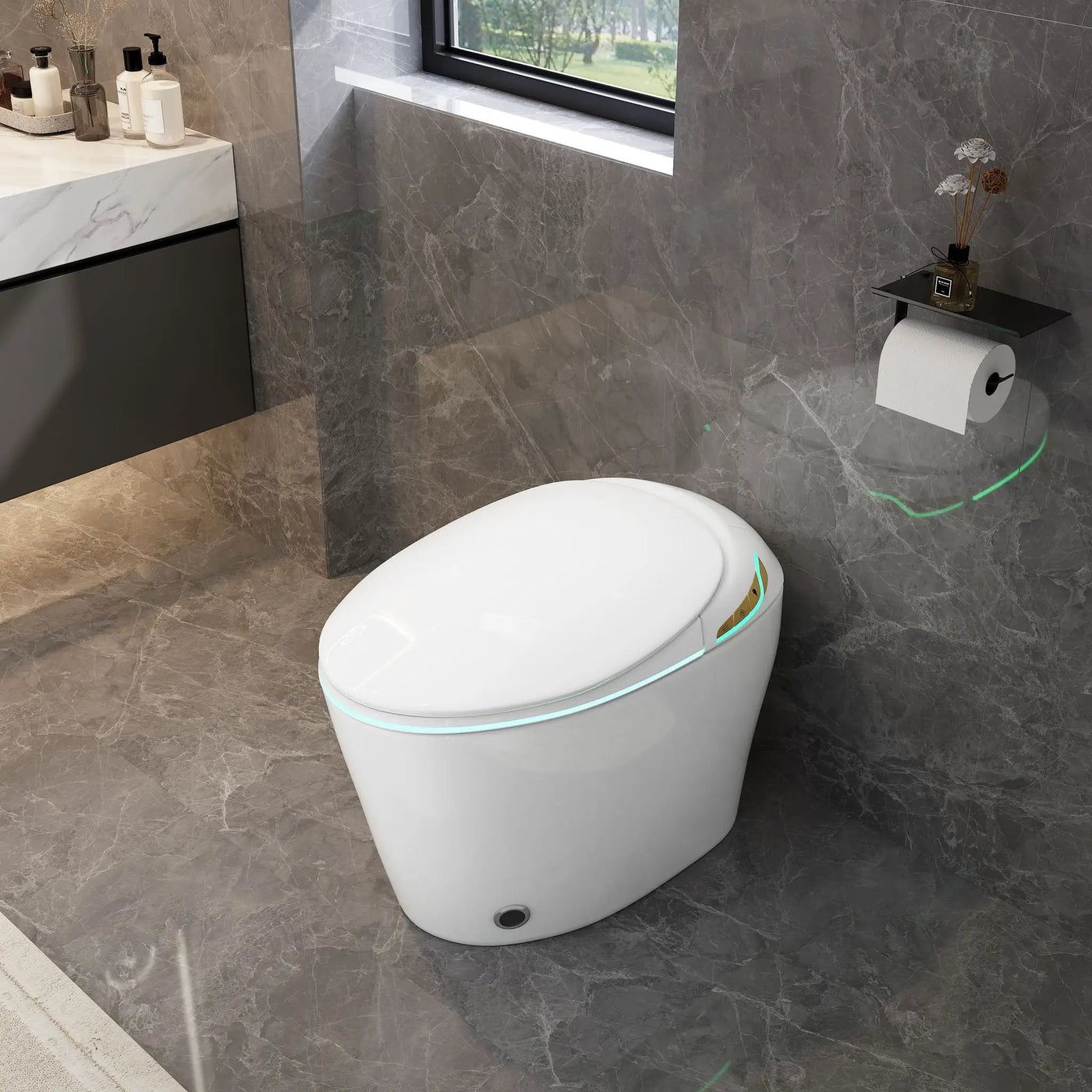 Unique Smart Toile With Built In Bidet, Auto Open / Close Seat, Foot Sensor, LED Display, Night Light, Warm Water & Dryer Ceramic by HouseOfZazla