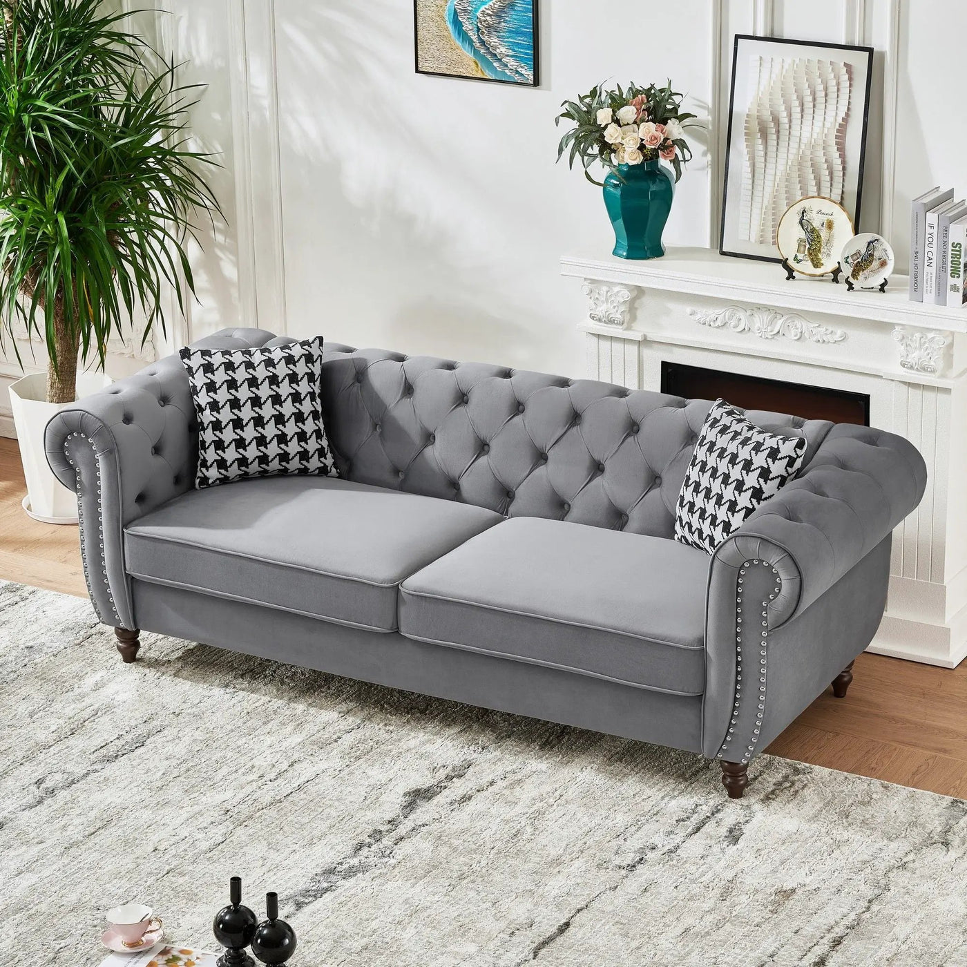 Chesterfield Upholstery Fabric Sofa With Roll Armrest & Nailhead by Unique Piece Furniture