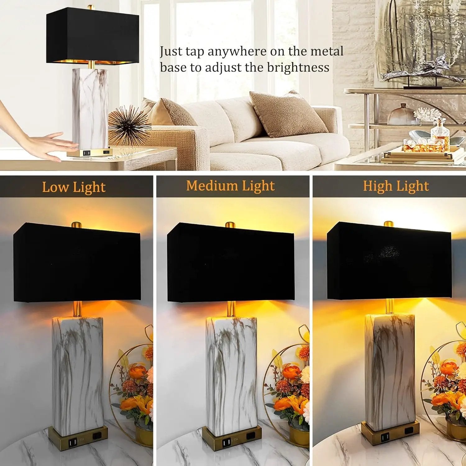 Touch Control Table Lamps Set of 2 with USB Ports and AC Outlet by HouseOfZazla