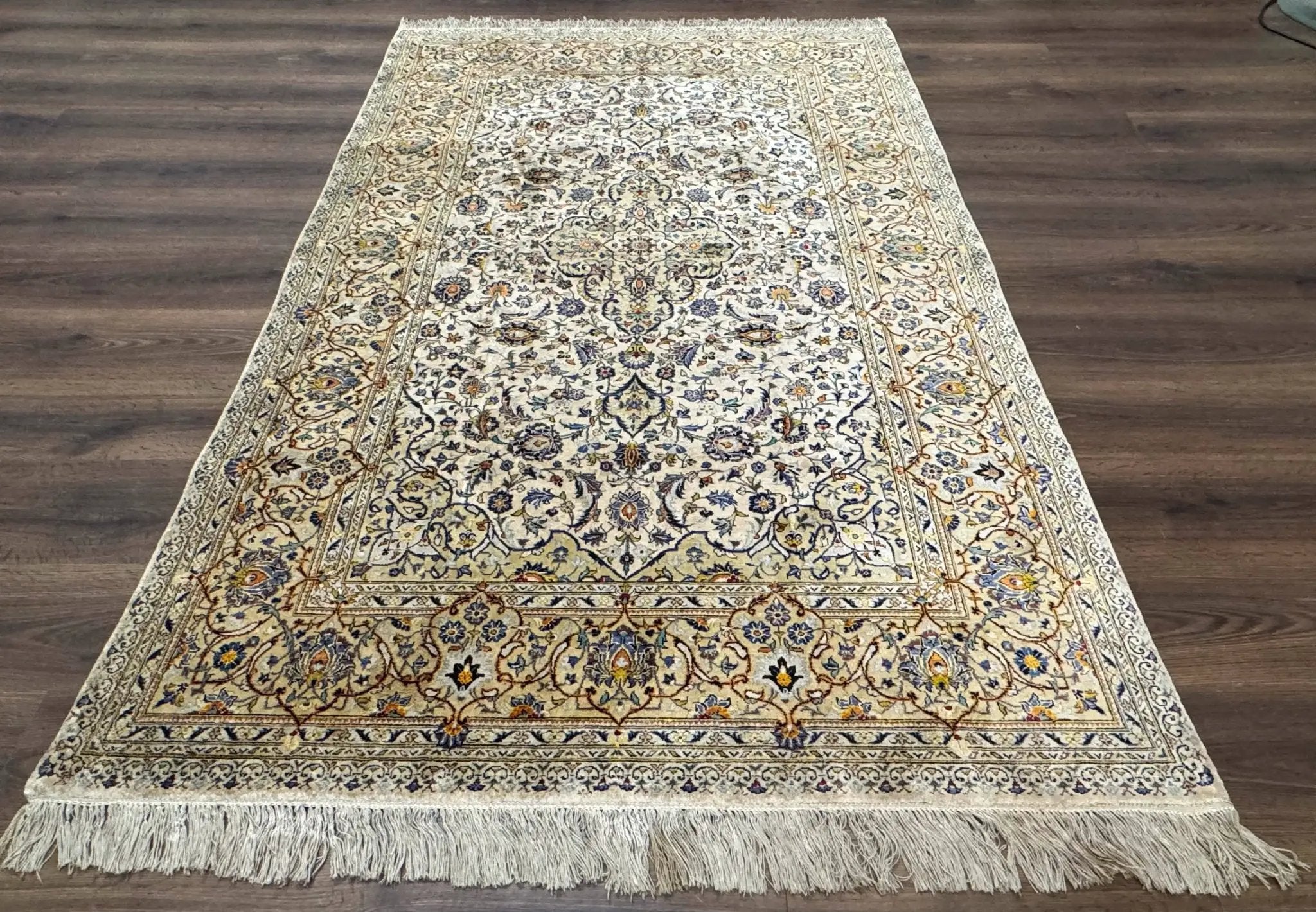 Rare Silk Persian Kashan Rug 4.6 x 7, Antique Fine 310 KPSI, Ivory by Jewel Rugs