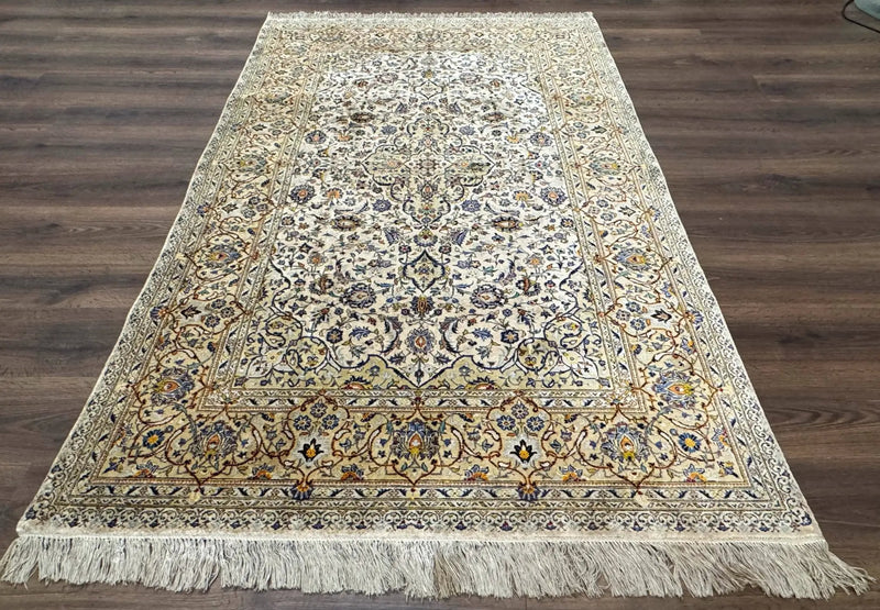 Rare Silk Persian Kashan Rug 4.6 x 7, Antique Fine 310 KPSI, Ivory by Jewel Rugs