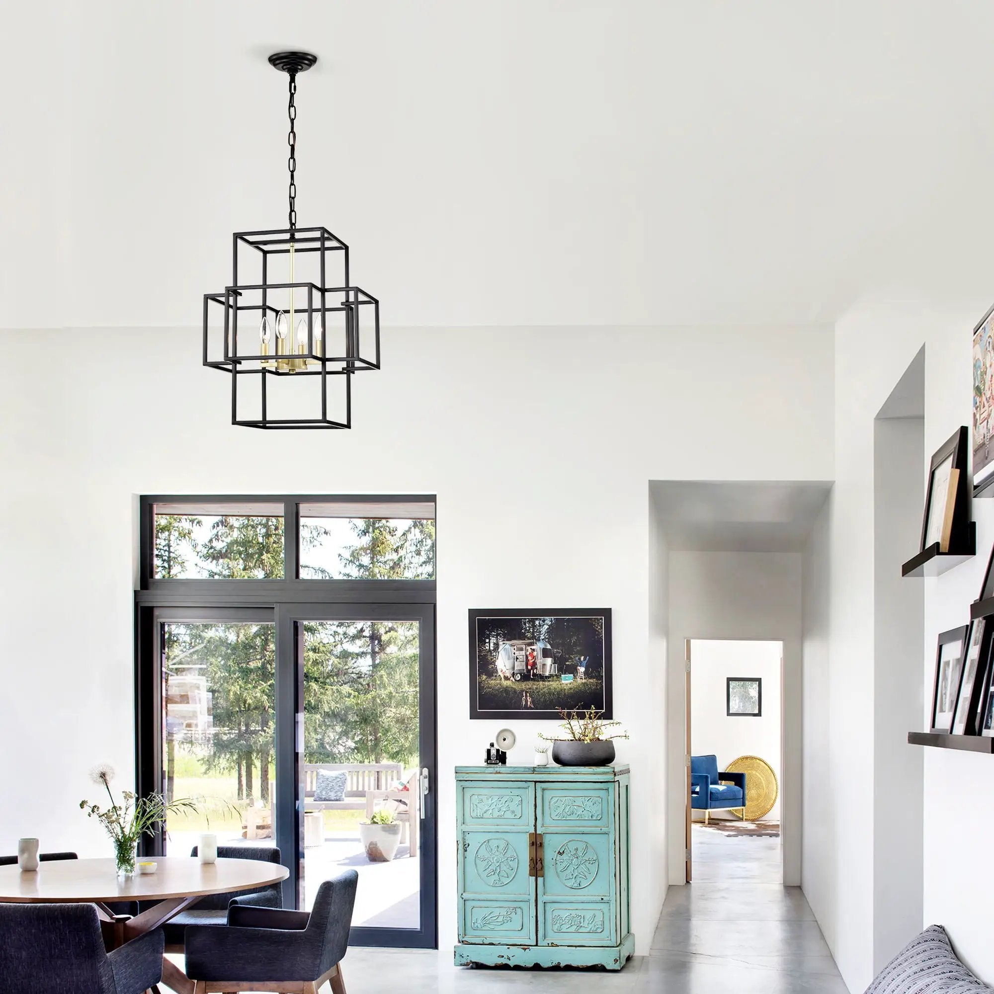 4 Light Metal Lantern Tiered Pendant Hanging Light Fixtures, Industrial Farmhouse Adjustable Height Chandeliers For Dining Room Hallway Foyer Entryway (E12 Bulbs Not Included) by Unique Piece Furniture