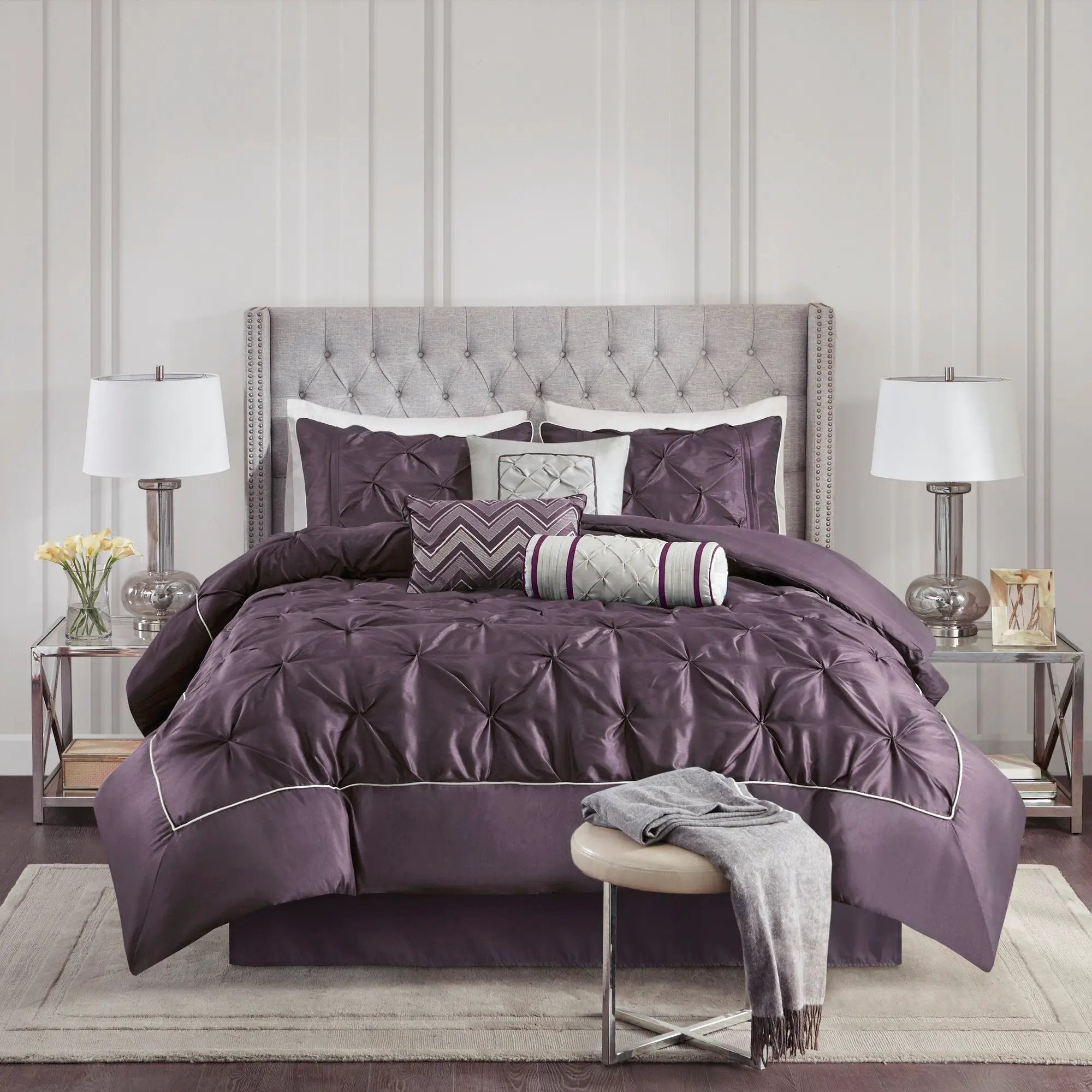7-Piece Queen 100% Polyester Pieced Pleated Tufted Comforter Set by HouseOfZazla