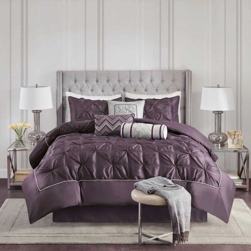7-Piece Queen 100% Polyester Pieced Pleated Tufted Comforter Set by HouseOfZazla