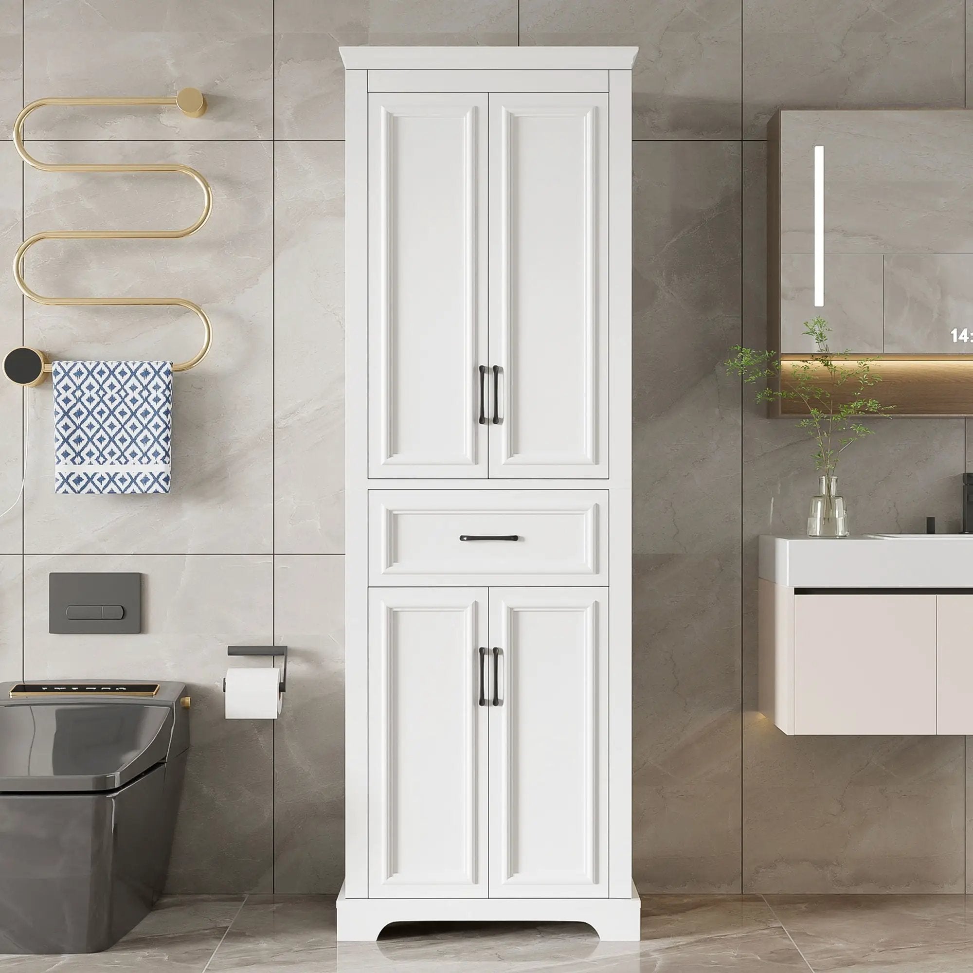 Freestanding Bathroom Vanity, Elegant Design With 4 Doors & 1 Drawer, Adjustable Shelves, Damping Hinges - White by Unique Piece Furniture