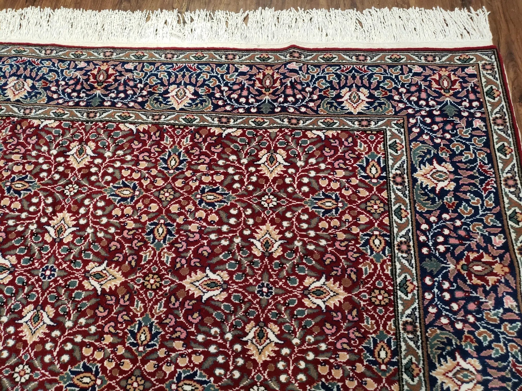 Vintage Turkish Sivas Area Rug 6.5 x 9.5, Wool Hand-Knotted Red & Midnight Blue Allover Floral Pattern Oriental Carpet, 6x9 Traditional Rug by Jewel Rugs