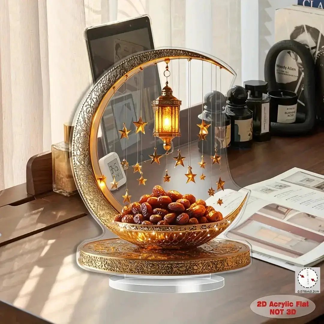 2D Flat - 2D Acrylic Crescent Moon and Star Tabletop Decor – Boho Style, Universal Holiday Collectible Figurine, Detailed Golden Accent Design, Non-Electric, Ideal for Eid al-Fitr Celebration, Kitchen, Home Decor, Fine Craf by House Of Avana