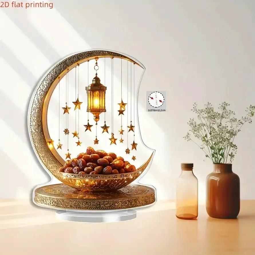 2D Flat - 2D Acrylic Crescent Moon and Star Tabletop Decor – Boho Style, Universal Holiday Collectible Figurine, Detailed Golden Accent Design, Non-Electric, Ideal for Eid al-Fitr Celebration, Kitchen, Home Decor, Fine Craf by House Of Avana