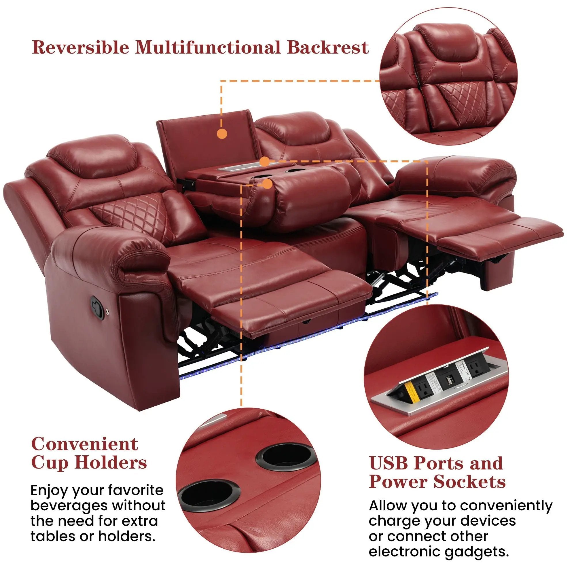 Home Theater Seating Manual Recliner Chair With Center Console And LED Light Strip For Living Room - Red by Unique Piece Furniture