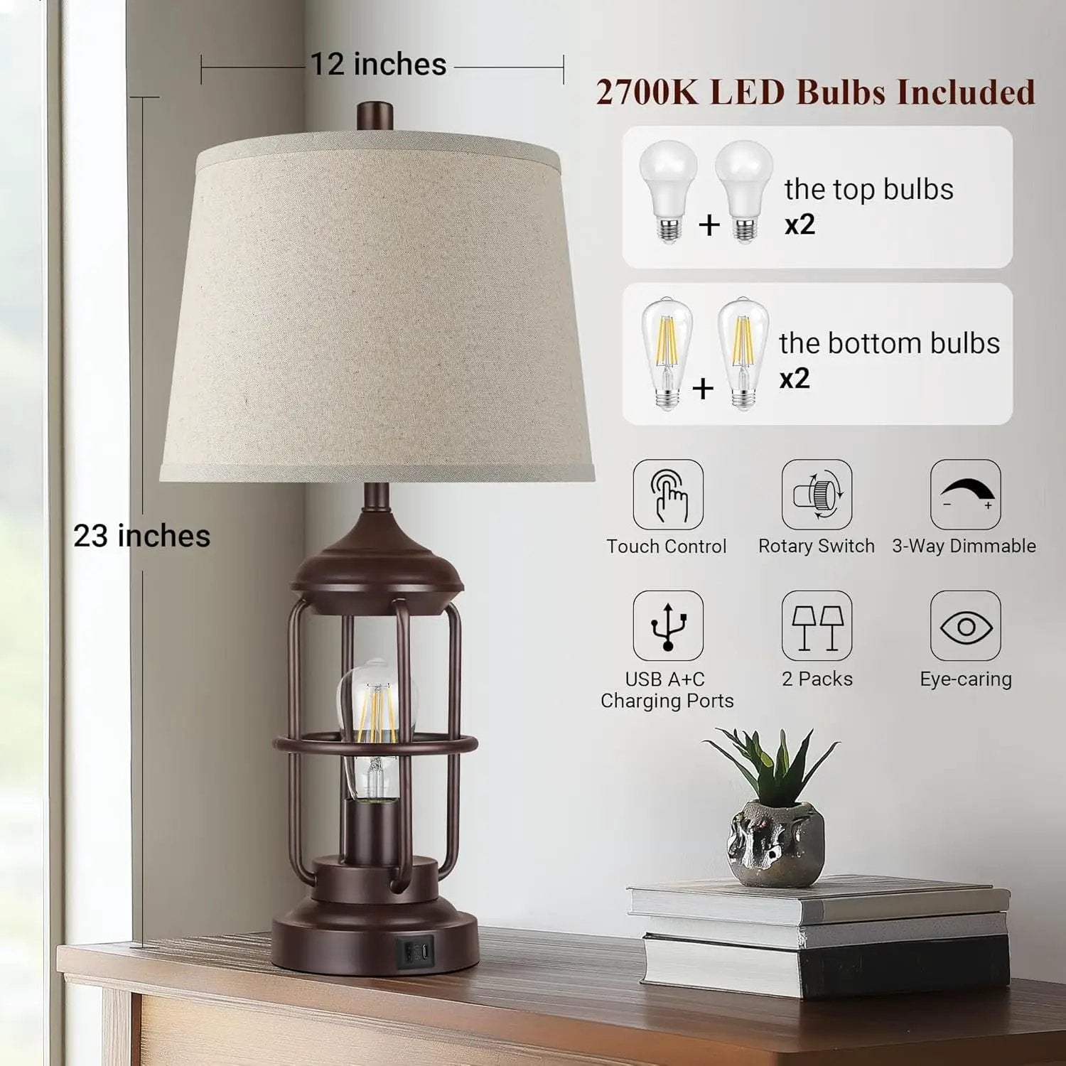 Table Lamp Set of 2 with USB Ports, Touch Control, and 3-Way Dimmable Light by HouseOfZazla