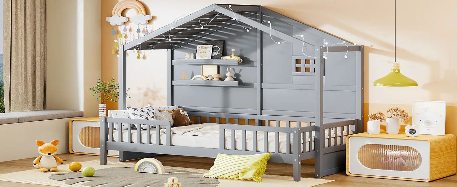 House Bed With Shelves, Window And Sparkling Light Strip On The Roof by HouseOfZazla