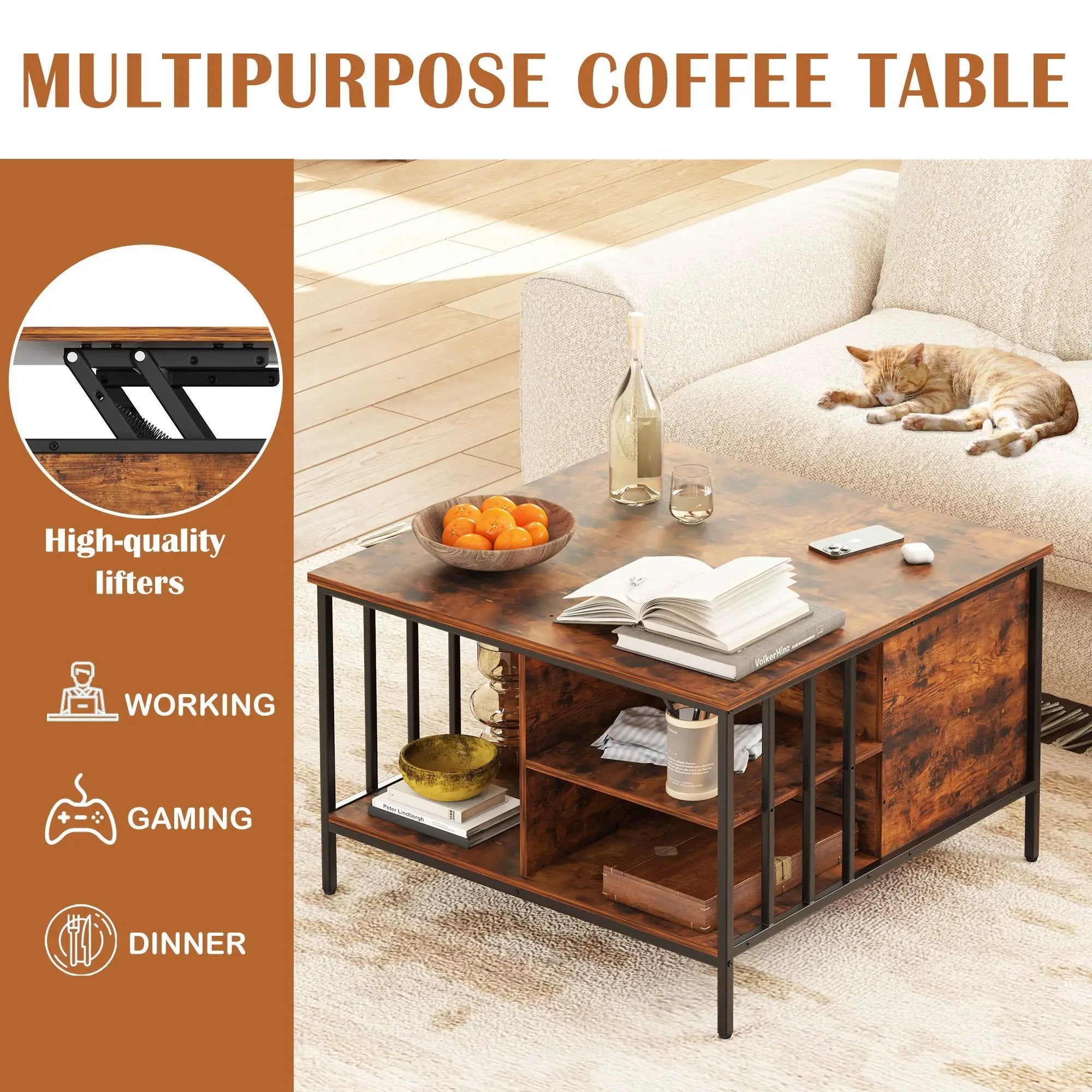 Lift Top Coffee Table With Storage, Adjustable Height Living Room - Black / Brown by Unique Piece Furniture