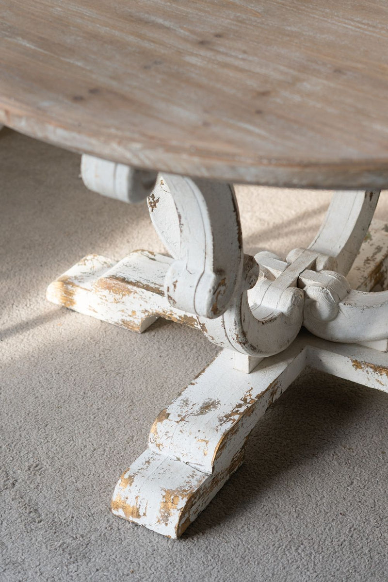 Round Wooden Coffee Table With Distressed Scrollwork Legs - Multicolor by HouseOfZazla