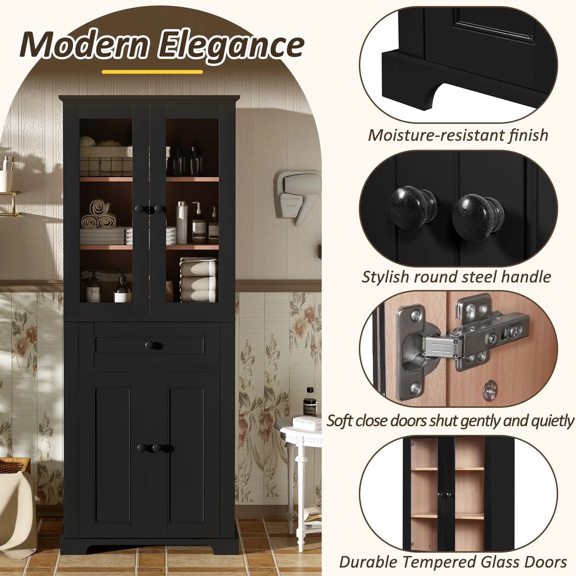 Bathroom Storage Cabinet, Adjustable Shelves & Drawer, Freestanding Tower