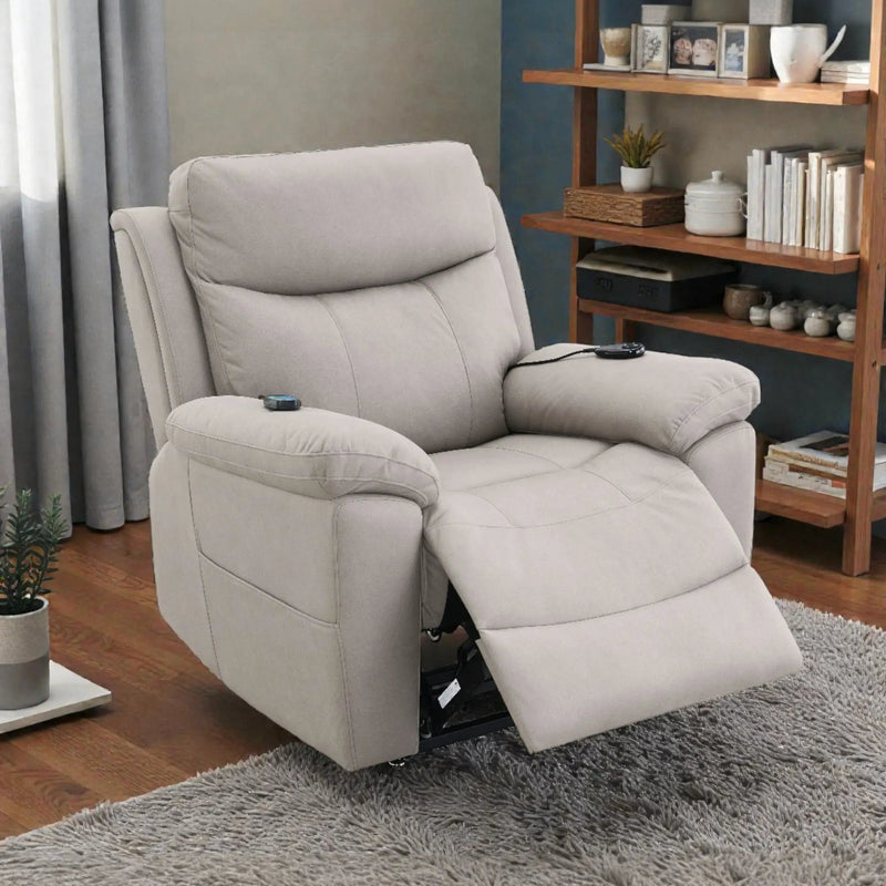 Chriki Beige Chenille & Black Finish Power Recliner with Lift, Heating, and Massage by HouseOfZazla