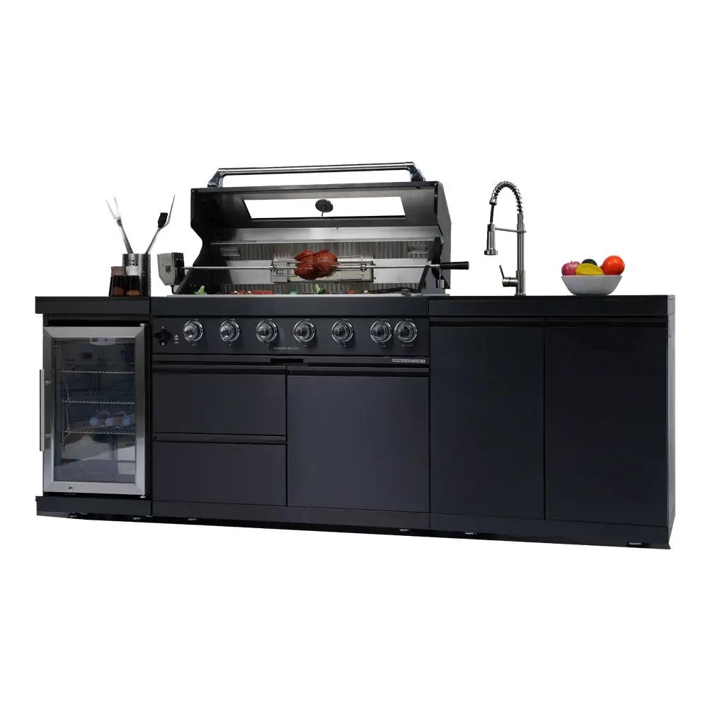 NG 95" 6-Burner 85000 BTU Black Outdoor Kitchen Island Grill Rotisserie kit Granite Countertops by Chery Industrial