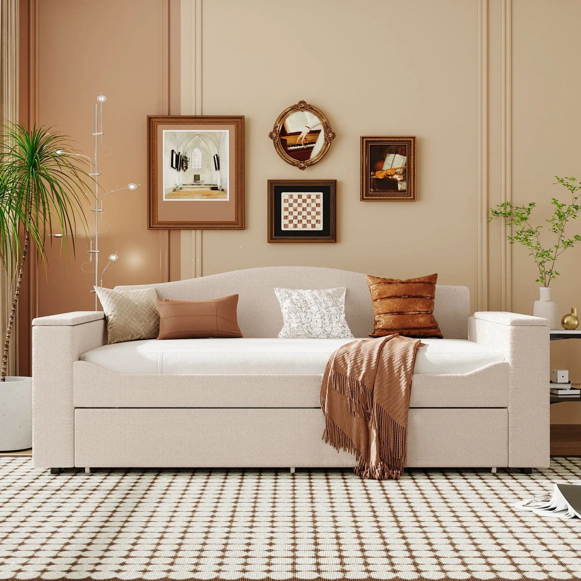 Upholstered Daybed With Storage Armrests, Trundle And Latest Integrated tooth Audio System by Unique Piece Furniture
