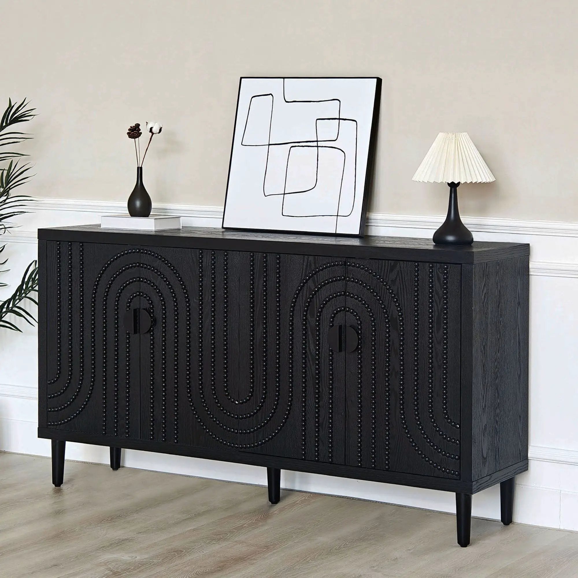 Modern Sideboard Cabinet With Decorative Nailhead Accents, Stylish Storage Solution For Dining, Living Rooms - Black by HouseOfZazla