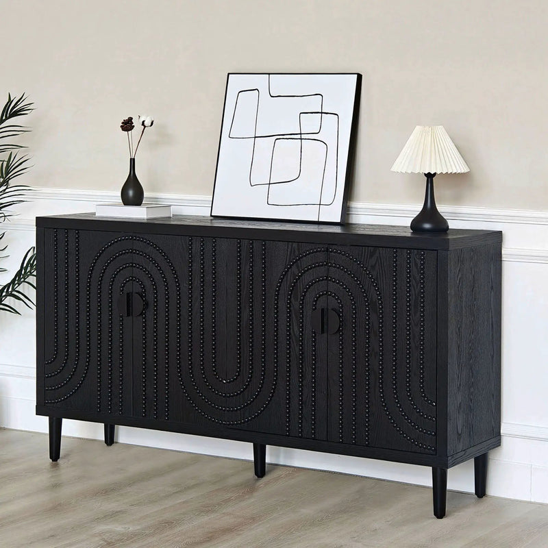 Modern Sideboard Cabinet With Decorative Nailhead Accents, Stylish Storage Solution For Dining, Living Rooms - Black by HouseOfZazla