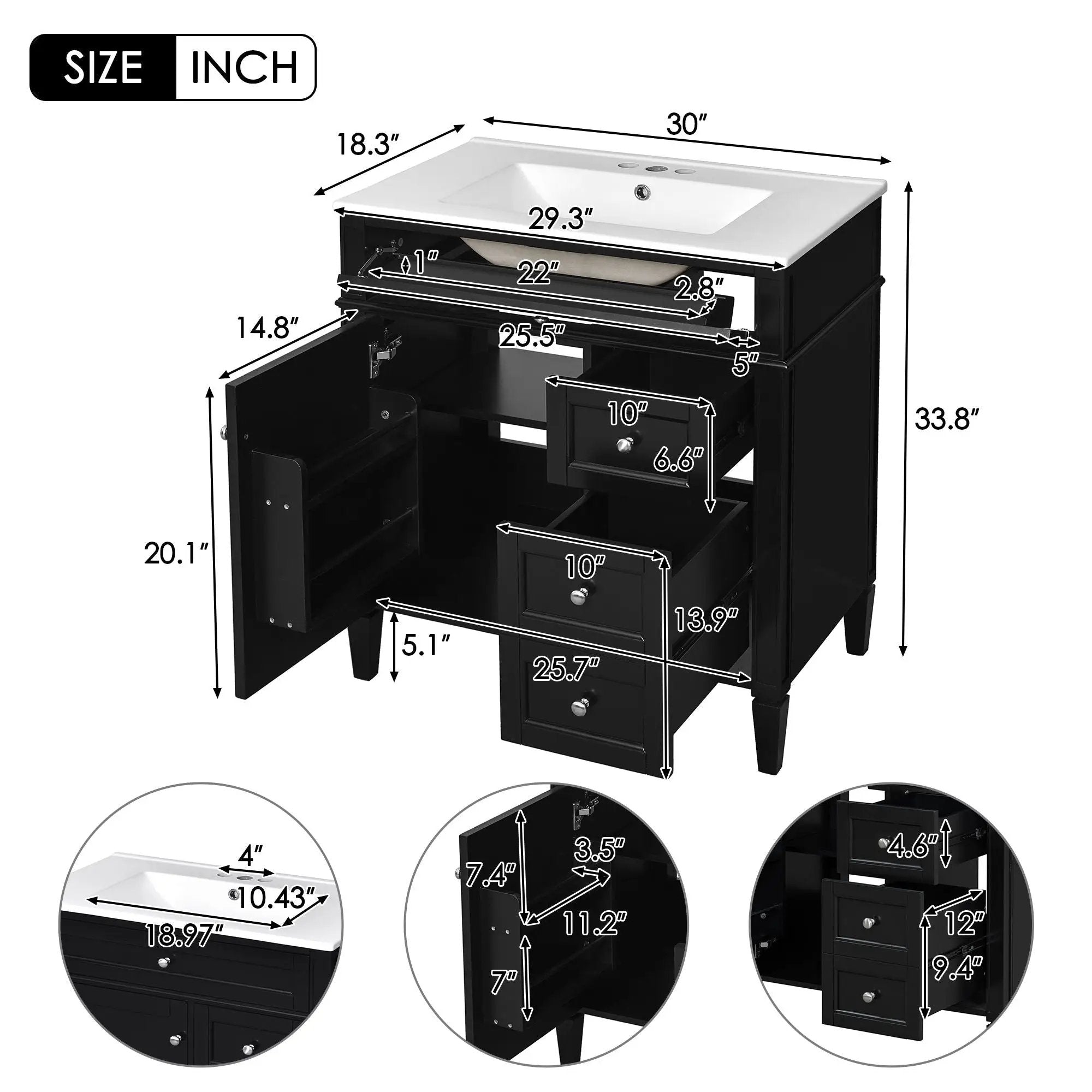 Bathroom Vanity With Top Sink, 2 Drawers & Tip Out Drawer by Unique Piece Furniture