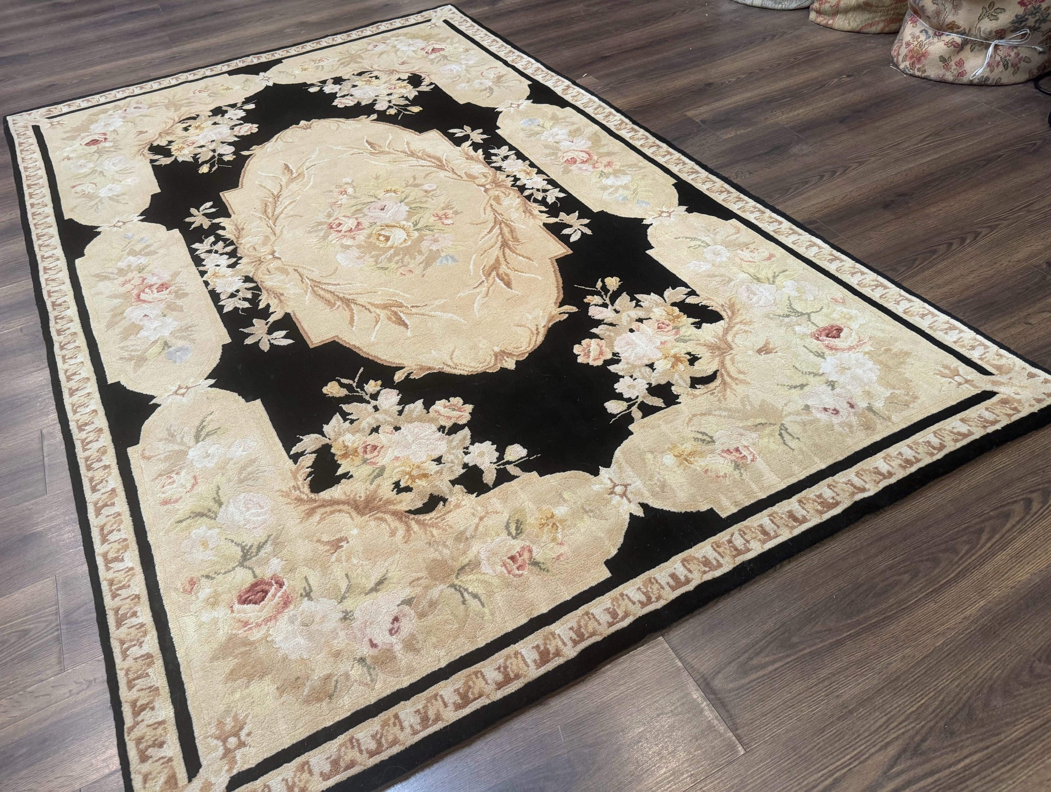 Chinese Aubusson Rug 6x9, Wool Pile, Black, Floral, Elegant by Jewel Rugs