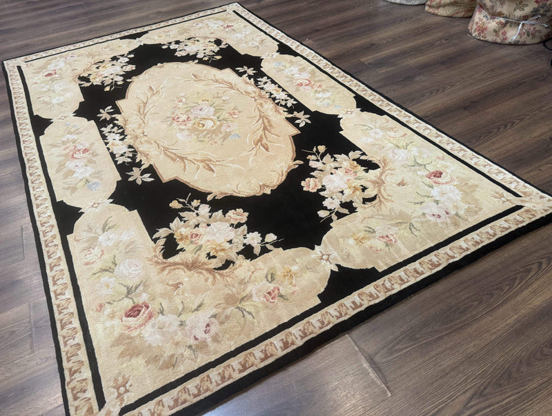 Chinese Aubusson Rug 6x9, Wool Pile, Black, Floral, Elegant by Jewel Rugs