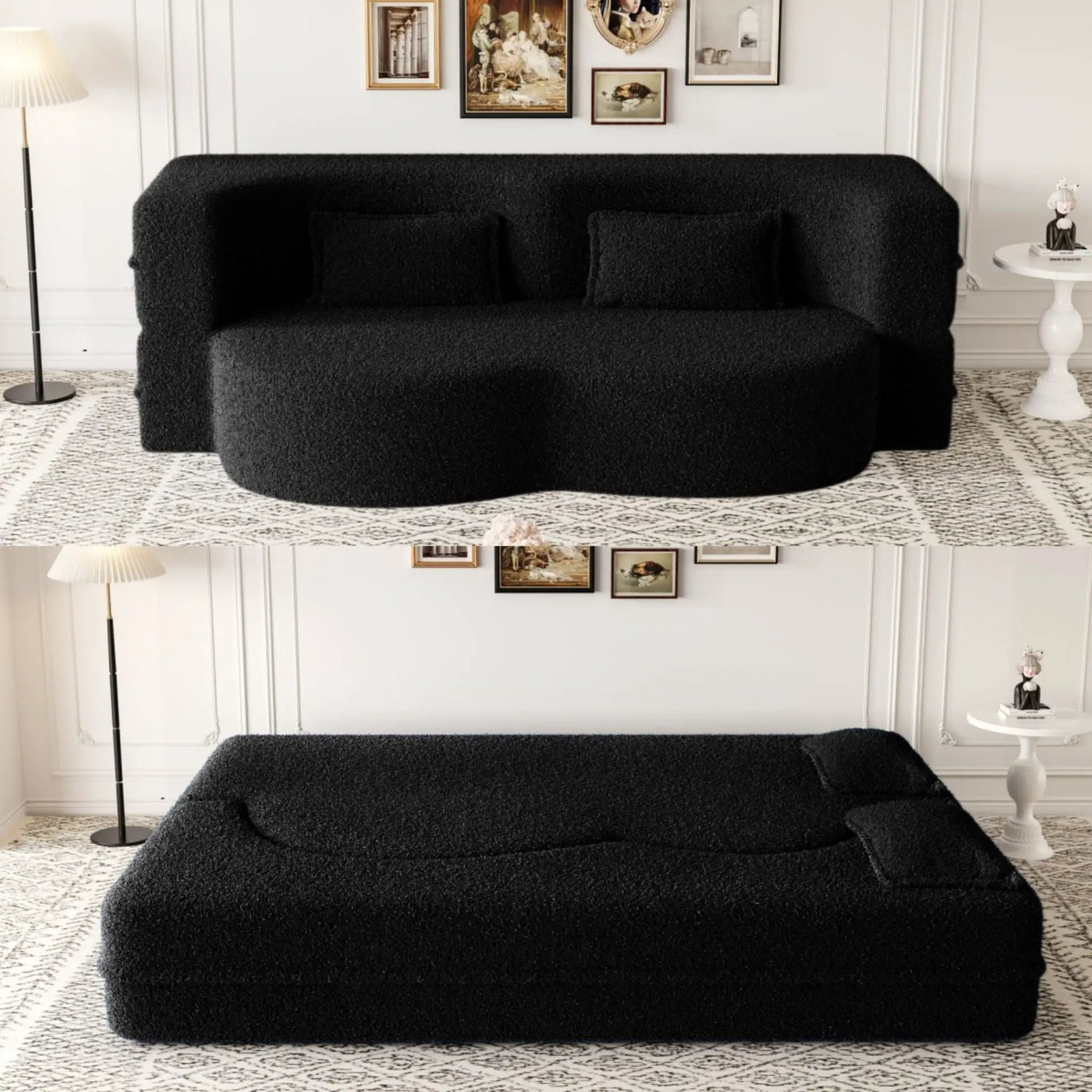 Modern Floor Sofa With Two Pillows Convertible Teddy Fabric Foam Filled Bed by HouseOfZazla