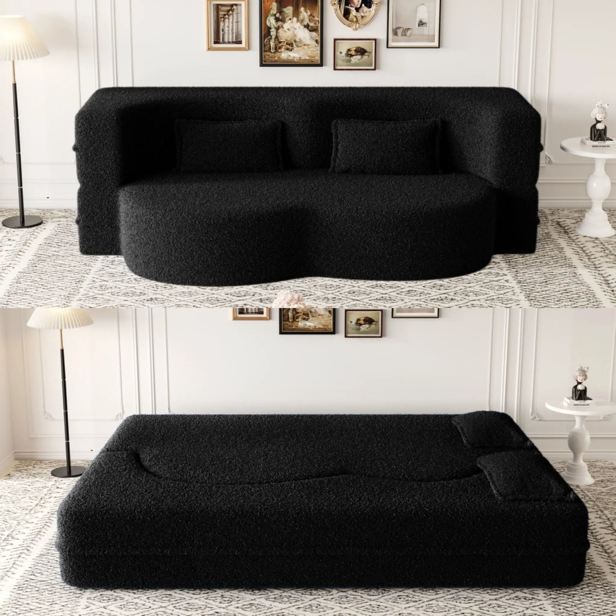 Modern Floor Sofa With Two Pillows Convertible Teddy Fabric Foam Filled Bed by HouseOfZazla