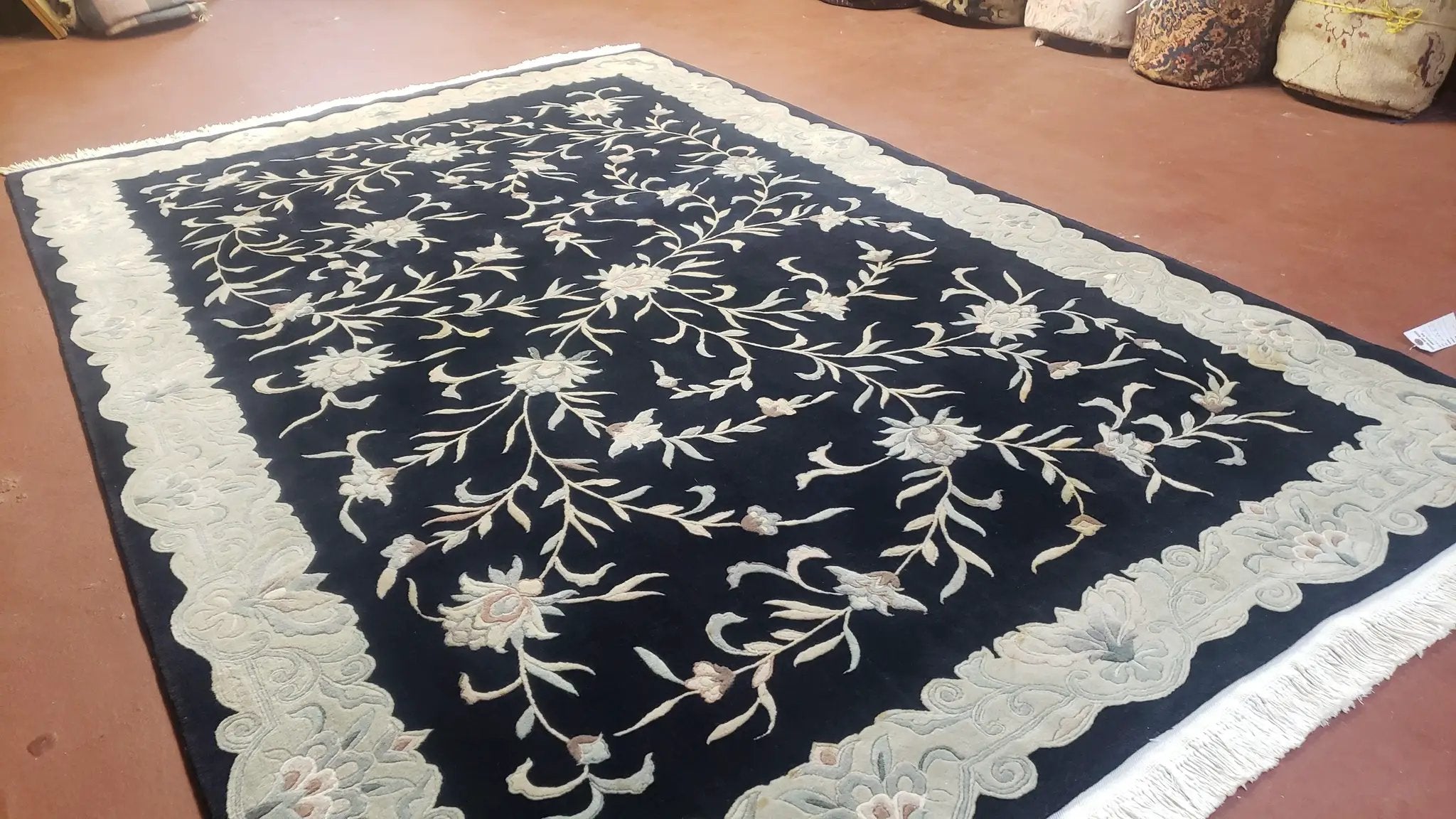 6x9 Vintage Black Gray Chinese Rug 120 Lines Wool Carpet Floral Design Hand-Knotted Soft Pile Entryway Rug Foyer Rug Nice by Jewel Rugs