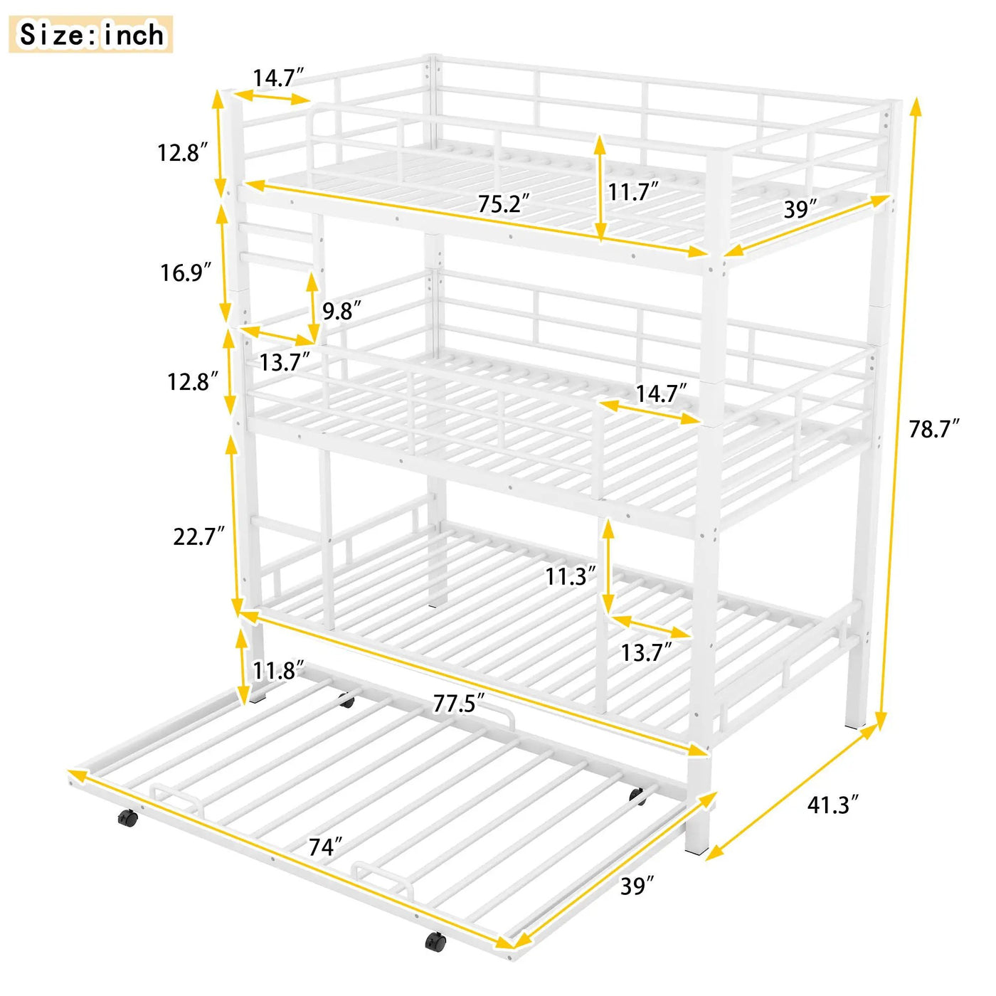 Triple Bunk Bed With Trundle, Heavy Duty Steel Construction by HouseOfZazla