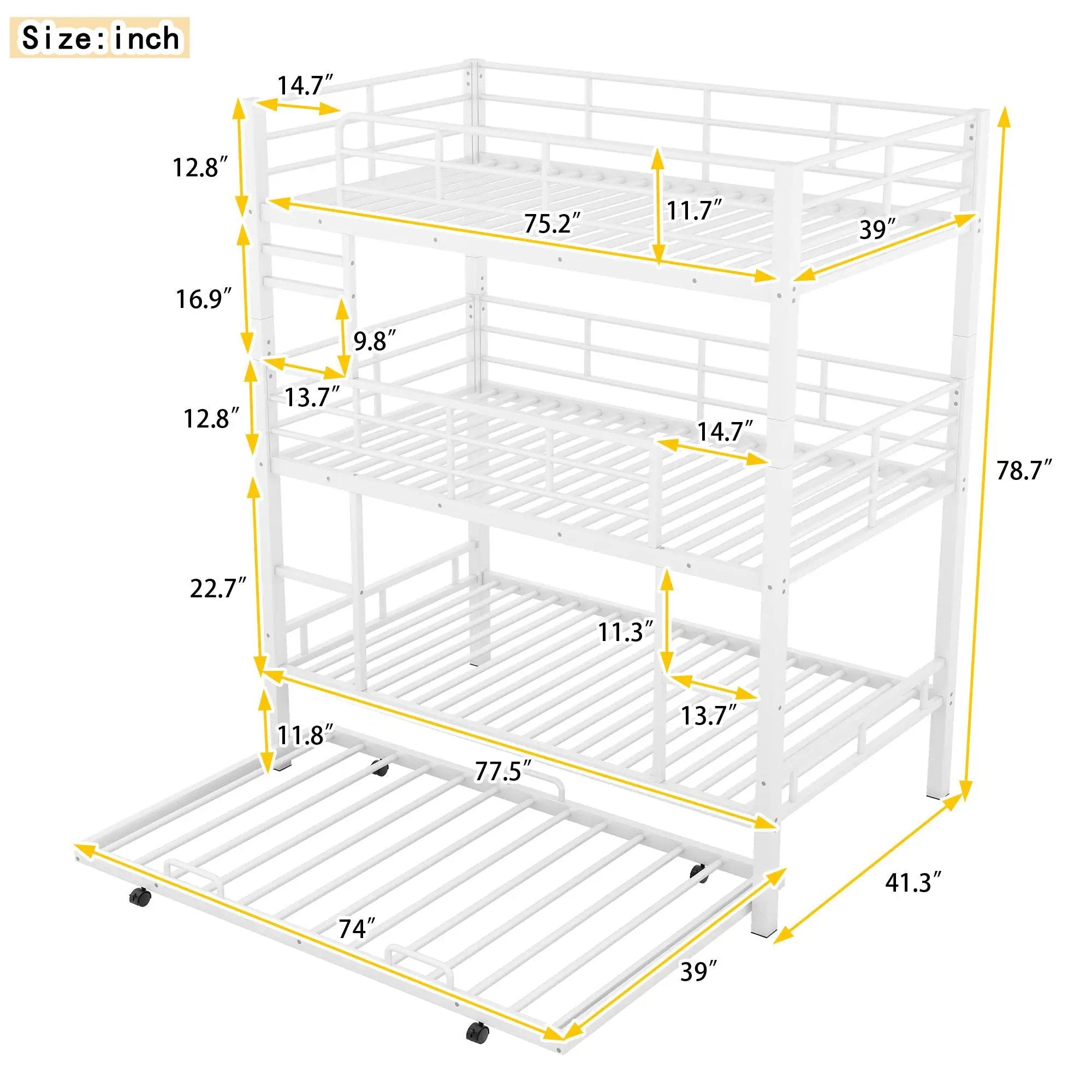 Triple Bunk Bed With Trundle, Heavy Duty Steel Construction by Unique Piece Furniture