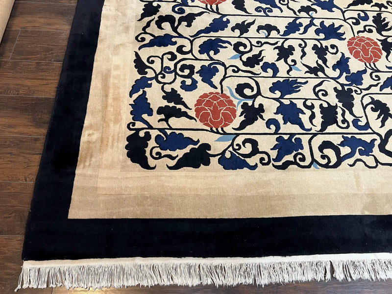 Antique Chinese Peking Rug 10x14, Beige Black, Handmade Wool Art Deco Carpet by Jewel Rugs